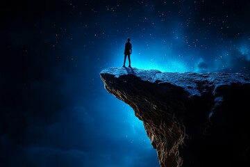 Fototapeta premium A person standing on the edge of a mountain, gazing into the vastness of space