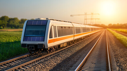 Naklejka premium Modern train on tracks at sunset
