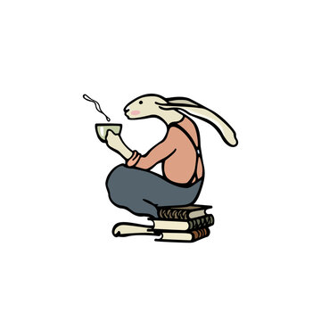 Vector illustration of hand drawn hare sitting on a pile of books and drinking a cup of hot tea. Beautiful sweet illustration, ink drawing