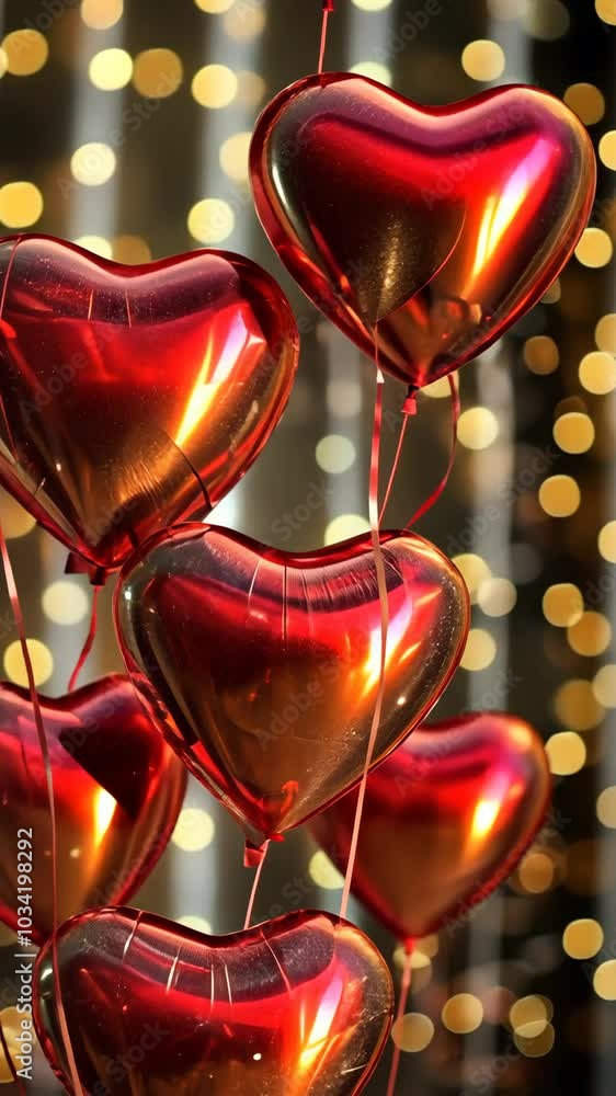 Poster red balloons floating on golden bokeh background