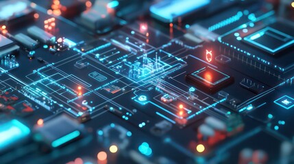 Obraz premium Abstract 3D rendering of a circuit board with glowing lines and chips.