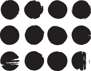 Grunge circles brush set. Black circle frames. Round line of black paint. Grunge round shapes. Vector illustration.