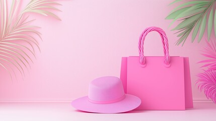 Obraz premium Chic pink shopping bag and hat with tropical leaves on a pastel background