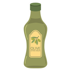 Olive oil in a glass bottle. Black olive branches.Olive tree branch with leaves.Extra virgin olive oil. Food illustration.Vector illustration.Isolated on white background.