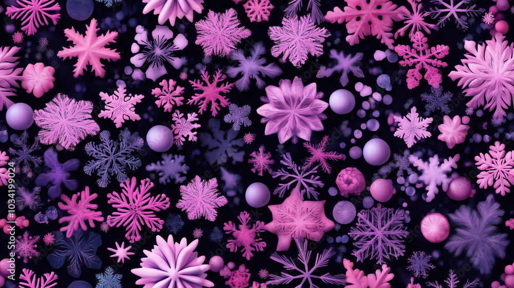 Poster a vibrant array of pink snowflakes and floral shapes against a dark background, creating an enchanti