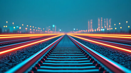 Fototapeta premium Railway tracks, glowing lights at night