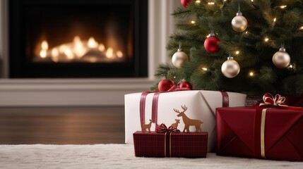 Cozy christmas eve with festive tree and wrapped gifts by the fireplace