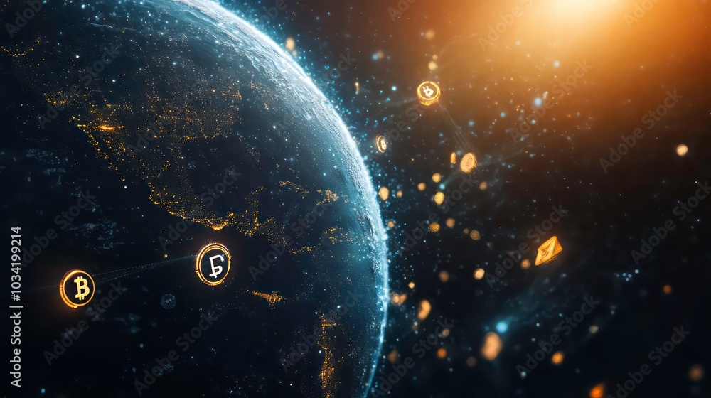 Aufkleber a digital rendering of the earth with glowing gold and silver cryptocurrency coins orbiting around i