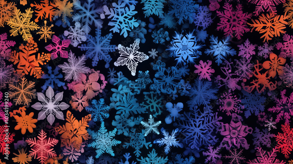 Poster a vibrant array of colorful snowflakes against a dark background, showcasing intricate designs and a