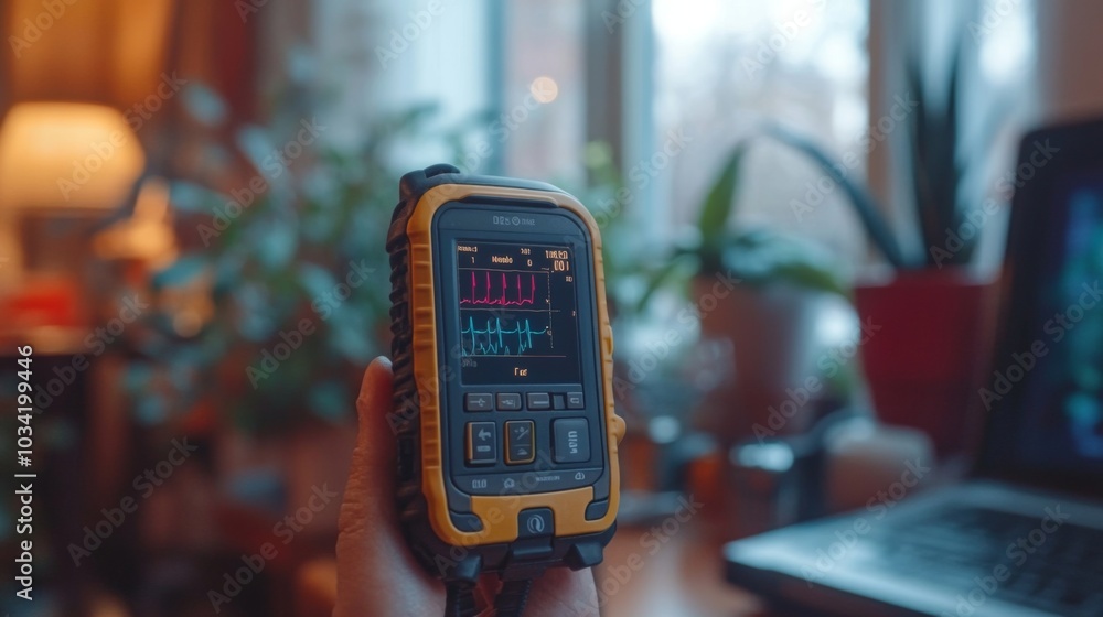 Poster a person is holding a handheld device that displays electrical signal readings, surrounded by indoor
