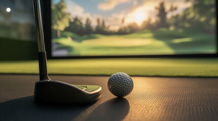Putter and Golf Ball in Screen Golf Simulation, intimate view of a putter and golf ball set against a digital backdrop, showcasing the immersive experience of virtual golf games.