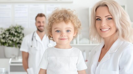 Fototapeta premium Smiling medical professionals with child in a bright healthcare setting