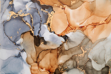 Flowing shapes and delicate metallic touches, abstract artwork on together rich tones and golden highlights. The liquid ink technique create fluidity, feeling of depth,  beauty