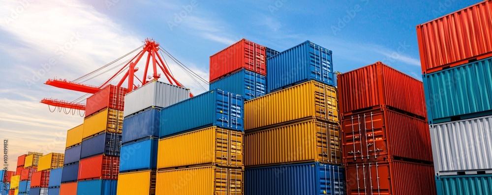 Poster silhouettes of cranes unloading containers at dusk - industrial supply chain dynamics and metallic s