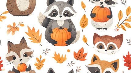 Fototapeta premium Cute woodland animals such as foxes, raccoons, and owls holding small pumpkins, surrounded by colorful autumn leaves, warm lighting and playful poses creating a seamless Thanksgiving design.