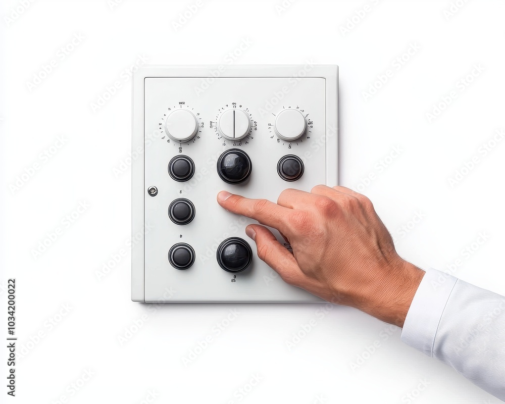 Poster a hand adjusting knobs on a white control panel, emphasizing the functionality and design of audio o