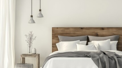 Stylish wooden headboard bed with gray and white linens, isolated on a clean white background, showcasing modern bedding design