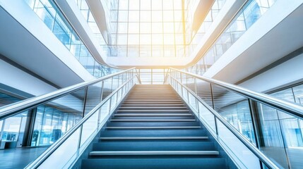 Fototapeta premium Steel staircase ascending into a bright, open office, with a perspective shot from the floor looking up towards sleek design