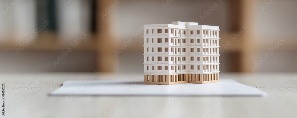 Poster a miniature architectural model of a white building displayed on a flat surface, highlighting design