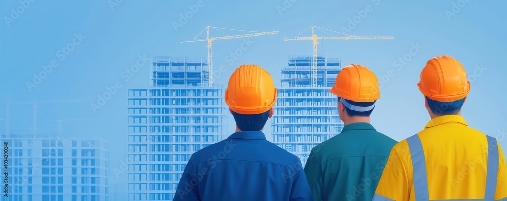 Poster three construction workers in hard hats observe building plans for a skyscraper against a blue backg