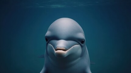 A close-up portrait of a dolphin showcases its smooth gray skin, which is beautifully illuminated by soft lighting.