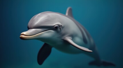 Fototapeta premium A close-up portrait of a dolphin showcases its smooth gray skin, which is beautifully illuminated by soft lighting.