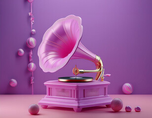 Pink Grammophon auf lila Hintergrund in 3D mit Platte