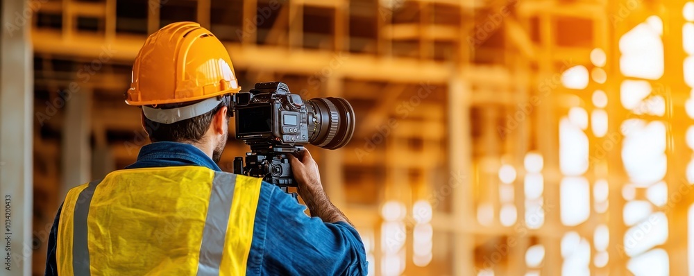 Poster A construction worker in a hard hat captures images at a building site, surrounded by scaffolding and warm lighting.