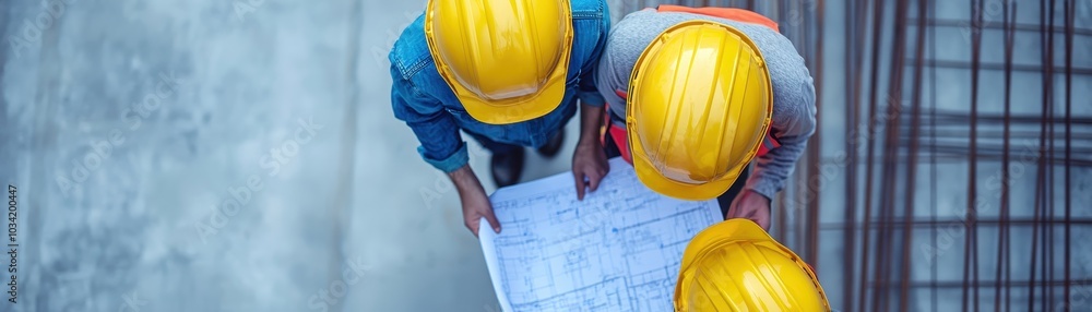 Poster three construction workers in yellow helmets analyze blueprints on a project site, demonstrating tea