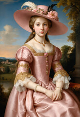 Renaissance-style painting portrait of a 19th century princess in pink dress, Generative AI	
