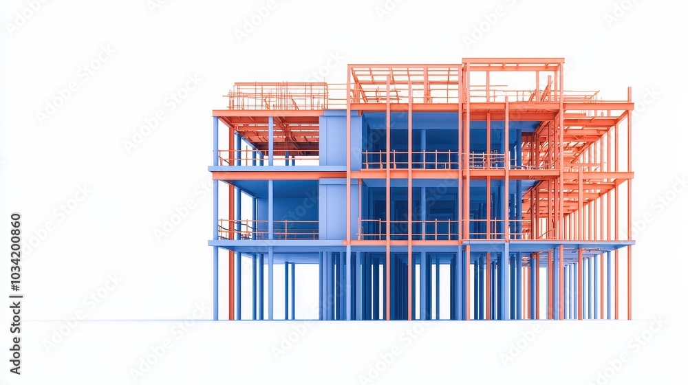 Poster a stylized architectural rendering of a multi-level building framework, showcasing a combination of 