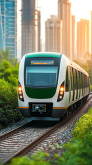 Naklejka premium Train traveling through urban landscape