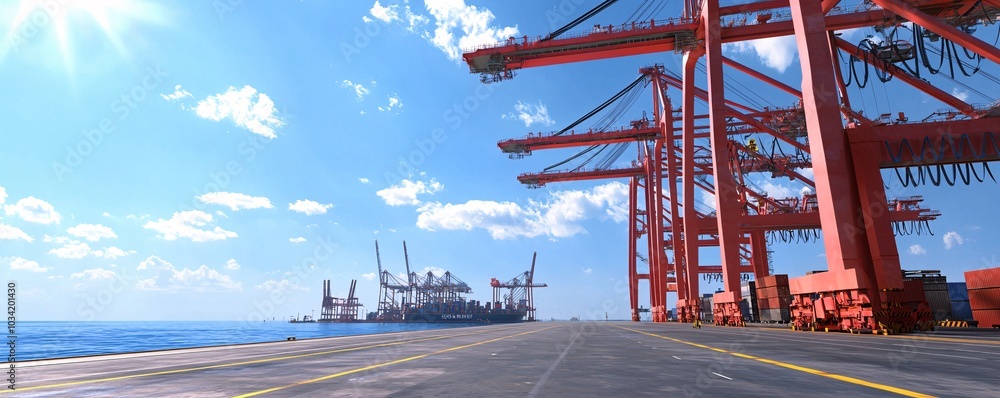 Poster futuristic port hub with synchronized cranes and dynamic cargo assembly - a vision of modern logisti