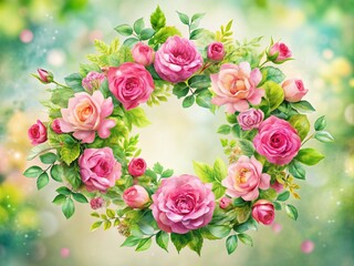 Watercolor Pink Rose Wreath - Floral Arrangement for Invitations and Decor