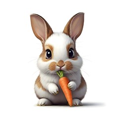 Fototapeta premium Adorable baby bunny munching on a fresh orange carrot