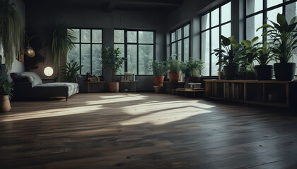 Empty room of modern contemporary loft with plants on wooden floor