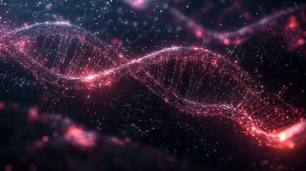Abstract visualization of a glowing DNA strand on a dark background, representing genetics and biotechnology advancements in science.