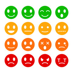 Isolate Emoticons Vector Icon set, Emotion stickers, Rating graphic elements, Red, Green, Yellow Smiley Clip art, Satisfaction, interface symbol for App, Presentation and Infographics (Editable)