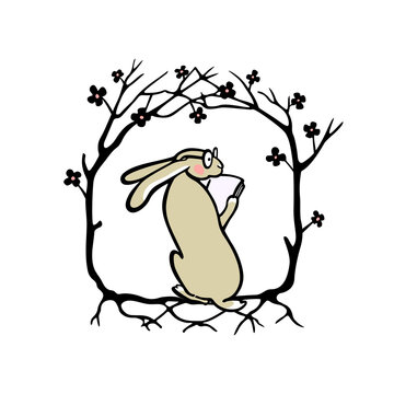 Vector illustration of hand drawn lovely hare in vintage floral wreath reading a book.  Beautiful ink drawing, vector emblem