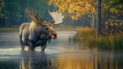 Fototapeta premium Endangered moose wading through autumn forest lake at sunrise in Alaska 