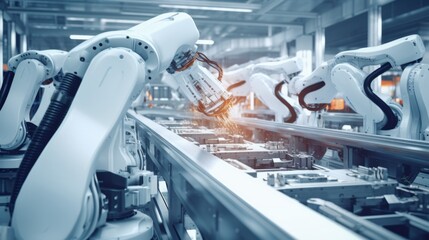 An automated assembly line showcases advanced robot manipulators working meticulously to produce electric vehicles powered by clean energy technologies in a modern facility