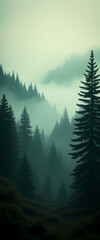 Fototapeta premium Misty landscape with fir forest in vintage retro style