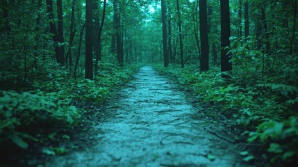Obraz premium Enchanting forest pathway amidst lush greenery on a misty day