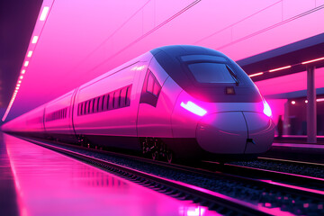 Naklejka premium Futuristic train at a neon-lit station