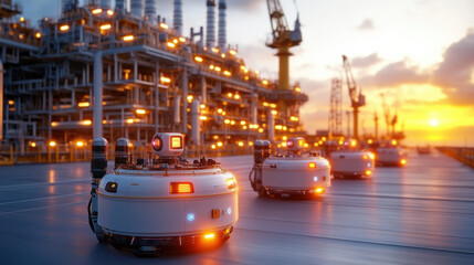 Automated monitoring robots on oil platform at sunset, showcasing advanced technology