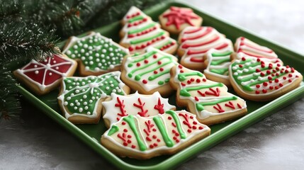 Christmas sugar cookies decorated with red and green icing on a green plate.