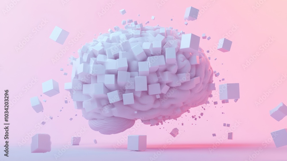 Poster white 3d pixel brain slowly decaying, breaking apart into smaller cubes on a soft gradient backgroun