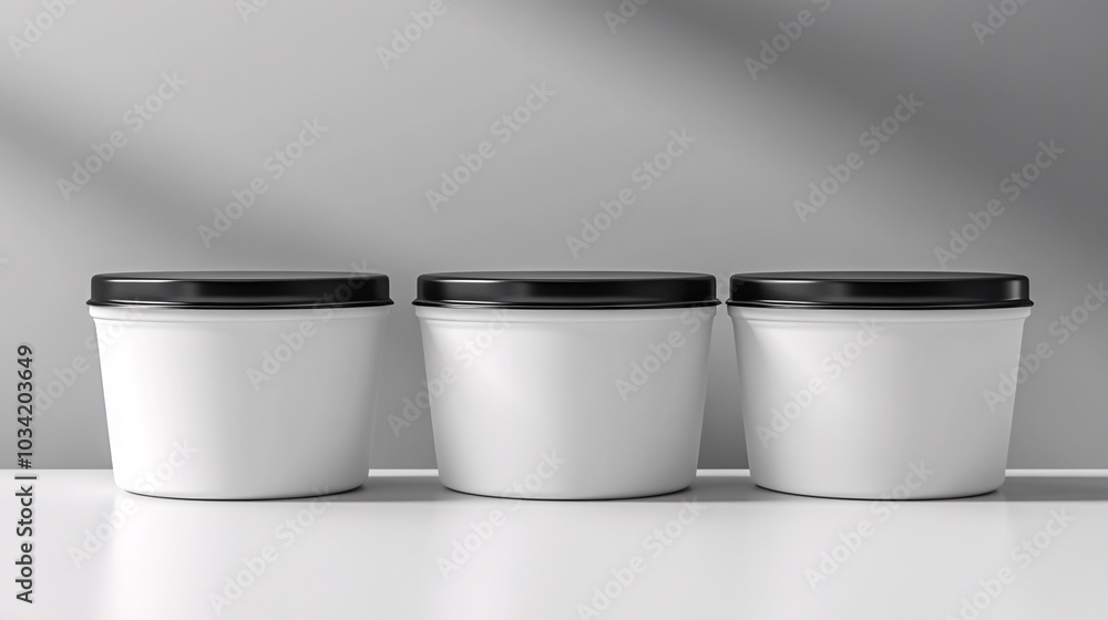 Poster three identical white containers with black lids are placed in a row against a light background, sho