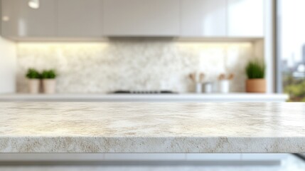 White kitchen interior with a blurred background, highlighting a clean countertop, perfect for product placement or display