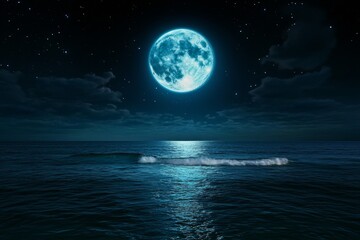 An ocean under the New Moon, with waves crashing quietly and stars illuminating the water